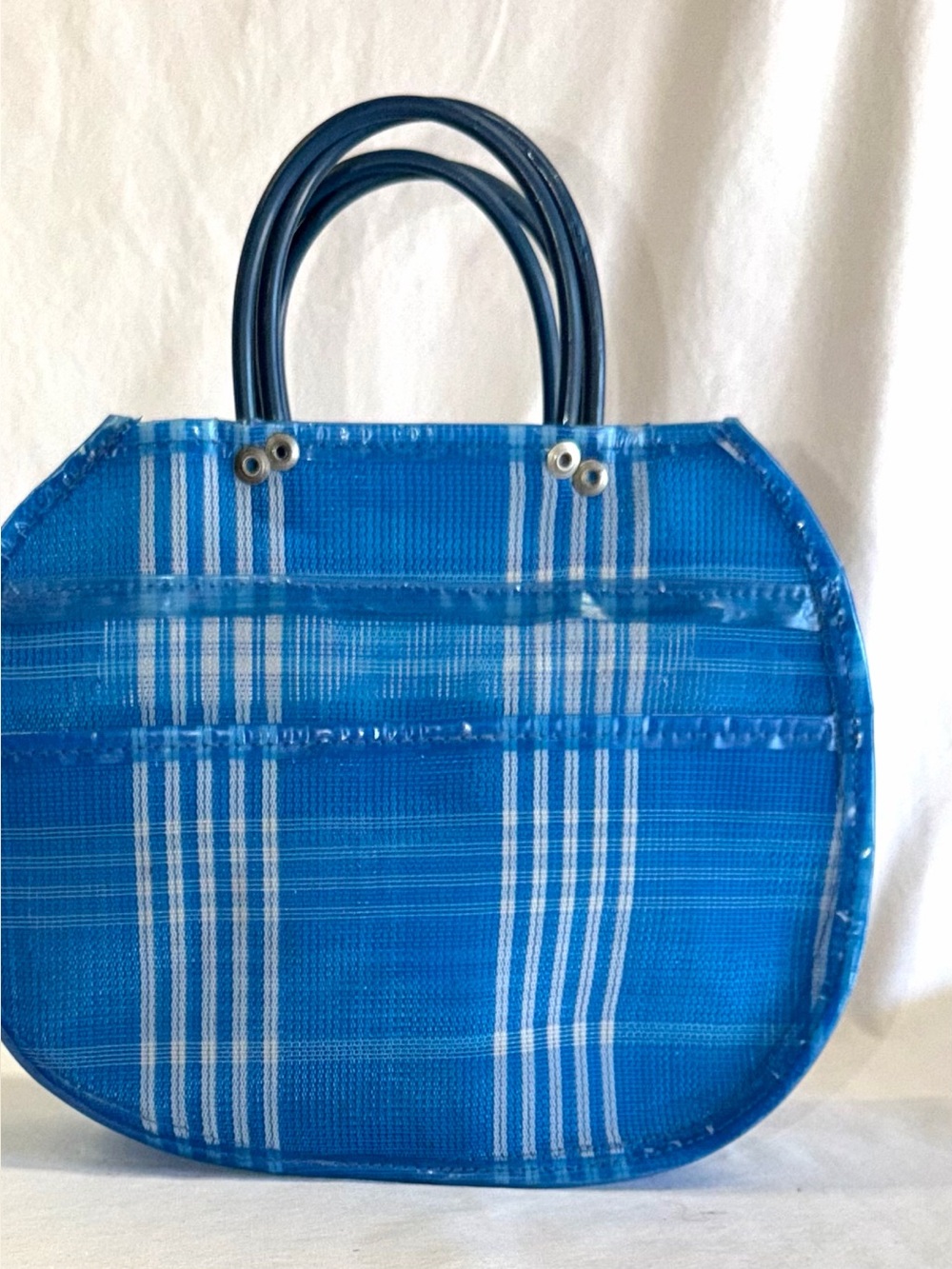 Blue Plaid 100% Recycled Material Structured Tote Bag Round Handles - no brand